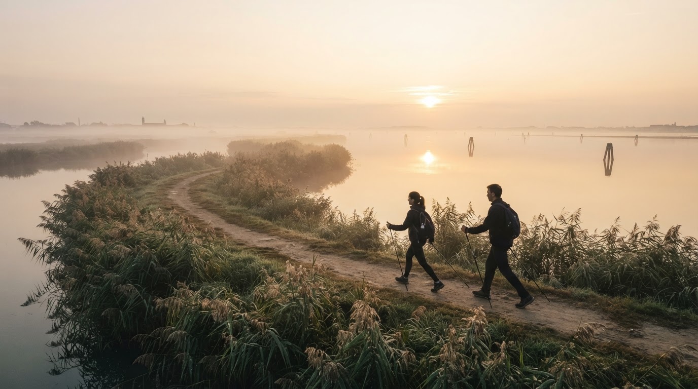 Due camminatori con i bastoncini su un argine della laguna